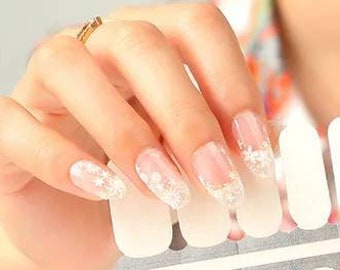 Nail Wraps Nail Art Nail Stickers Nail Polish Strips Party Favor Baby Shower Bridal Gift  - White Flowers French Manicure Clear Background