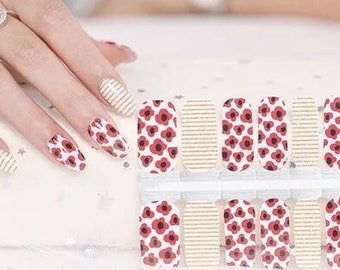 Nail Wraps Nail Decals Nail Stickers Nail Polish Strips Nail Art Press Ons Gift - Red Poppy Flowers Gold Glitter Stripes Remembrance Day