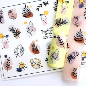 Adesivos de transferência de água para unhas 3D - Arte abstrata moderna em relevo com rostos e folhas