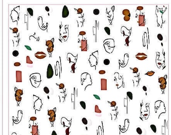Black Outline Women Faces Silhouette with Abstract Art Leaves Brown - Nail Art Decals Stickers Transfers