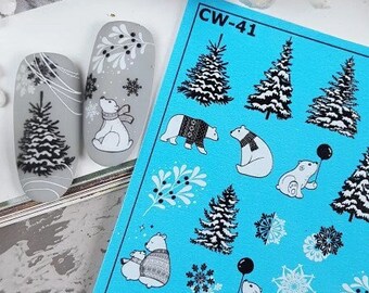 Polar Bear in Sweater Christmas Tree, Snowflakes Black and White - Waterslide Water Transfer Nail Art Decals, Nail Tattoo