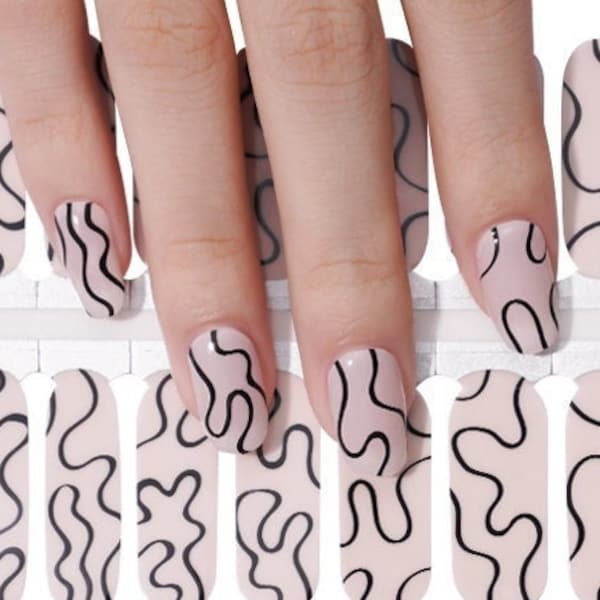 Nail Wraps Nail Decals Nail Stickers Nail Polish Strips Nail Art Press On Party Minimalist Favor Gift - Nude Beige Black Swirls Abstract Art