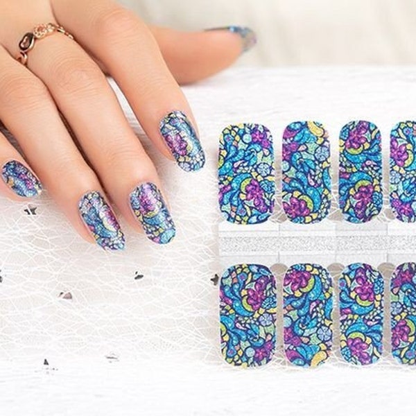 Nagelfolie Nagelstickers Nagelstickers Nagelstrips Nagelkunst Druk op ons Feestartikelen Cadeau - Glitter abstracte bloemenkunst Blauw Paars Roze Geel