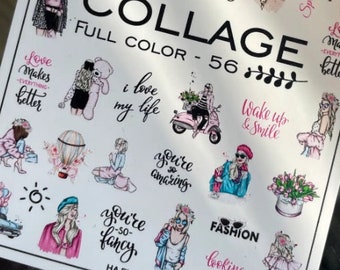 May include: A sheet of 56 colorful nail stickers with various designs and phrases, including "Wake up & Smile", "You're so fancy", "Love makes everything better", and "Fashion looking good". The stickers are printed on a white background and are ready to be applied to any nail base.
