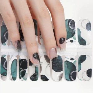 Nail Wraps Nail Decals Nail Stickers Nail Strips Nail Art Press Ons - Dark Green Grey Silver Abstract Art Negative Space Clear Transparent