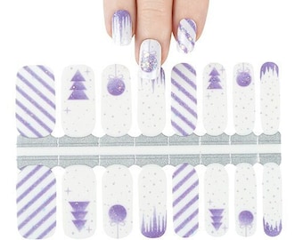 Winter Nail Wraps Christmas Nail Stickers Nail Decals Nail Strips Gift for Mom Sister Grandma - Purple White Sequin Christmas Tree Ornaments