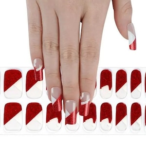 Halb-ausgehärtete Gel Nagel Wraps Nagel Aufkleber Nagel Streifen Nail Art Press Ons Stocking Stuffer - Rote Glitzer French Maniküre Nikolausmütze
