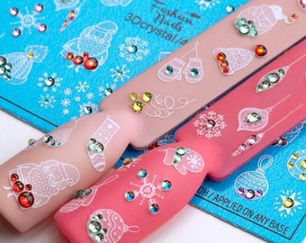 3D White Christmas Stockings, Hats, Snowflakes, Santa Claus, Tree Ornaments -3D Waterslide Water Transfer Nail Art Decals with Crystals