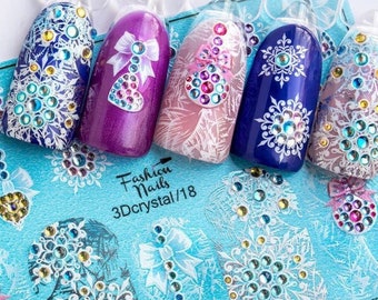 3D Christmas Tree Ornaments and Snowflakes with Pink, Yellow, Green Rhinestones - 3D Waterslide Water Transfer Nail Art Decals with Crystals