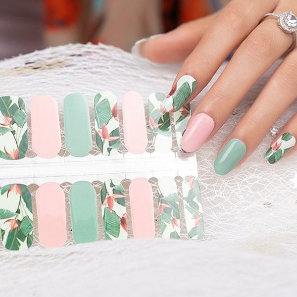 Nail Wraps Nail Decals Nail Art Stickers Nail Strips Press Ons Party Favor Bridal Shower - Green Pink Hibiscus Tropical Flowers with Leaves