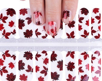 Nail Wraps Nail Decals Nail Art Stickers Nail Strips Press Ons Party Favor - Red Metallic Foil Maple Leaf Canada Day Negative Space Clear