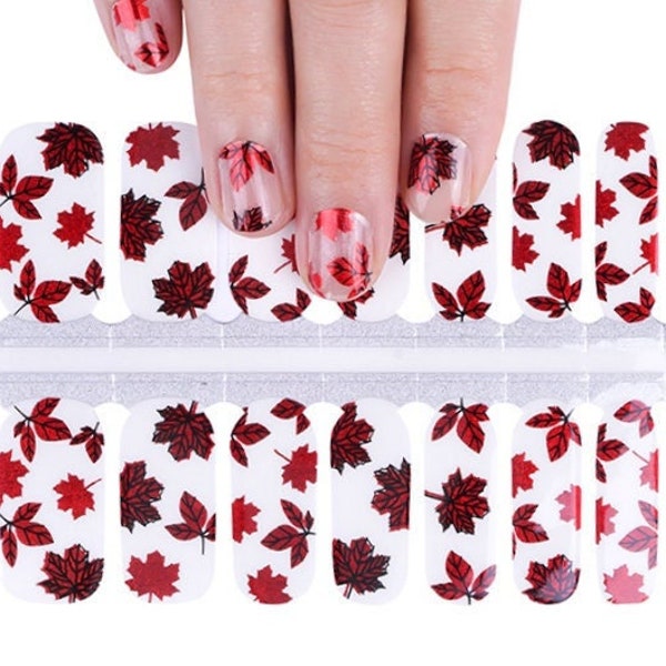 Nail Wraps Nail Decals Nail Art Stickers Nail Strips Press Ons Party Favor - Red Metallic Foil Maple Leaf Canada Day Negative Space Clear