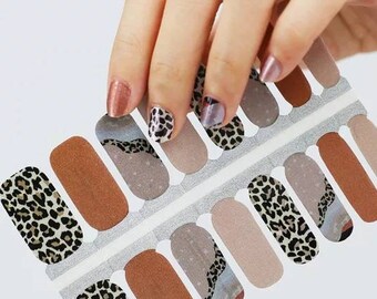 Nail Wraps Nail Decal Nail Stickers Nail Strips Nail Art Press On Party Favor Bachelorette Gift - Brown Beige Nude Leopard Print Shimmer