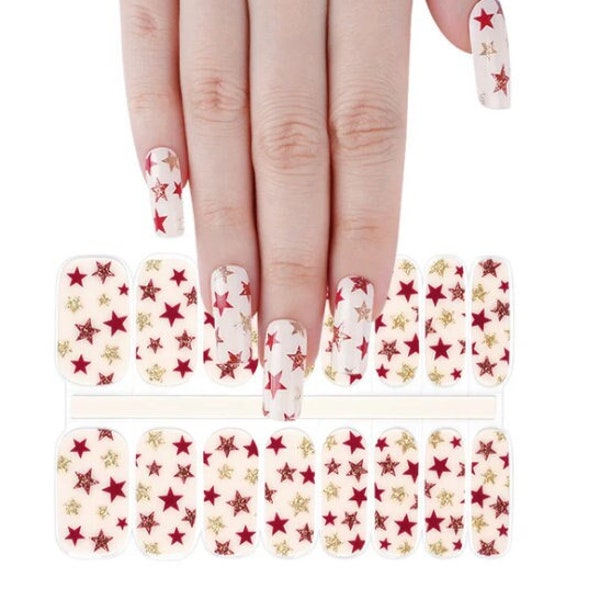 Semi-Cured Gel Nail Wraps Nail Decals Nail Stickers Nail Strips Press Ons Party Favor Gift for Women Stocking Stuffer - Red and Gold Stars