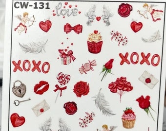 Red Xoxo, Lips, Angels, Hearts, Cupcakes, Doves, Roses, Hearts, Valentine's Day - Waterslide Water Transfer Nail Art Decals, Nail Tattoo