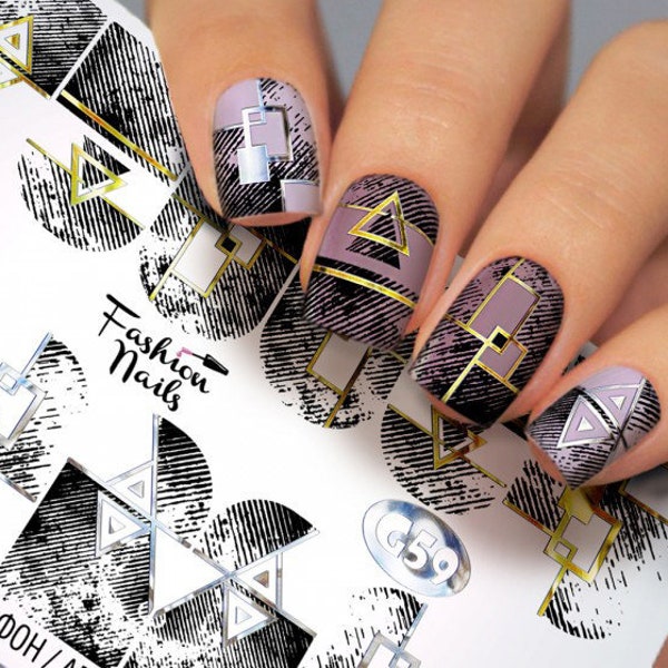 Waterglijbaan Water Transfer Nail Art Decals- Metallic Goud en Zilver Zwart Print Aztec Tribal Art Geometry