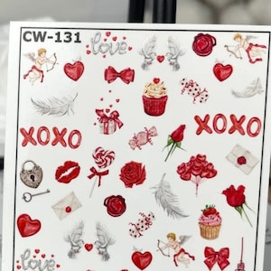 Red Xoxo, Lips, Angels, Hearts, Cupcakes, Doves, Roses, Hearts, Valentine&#39;s Day - Waterslide Water Transfer Nail Art Decals, Nail Tattoo