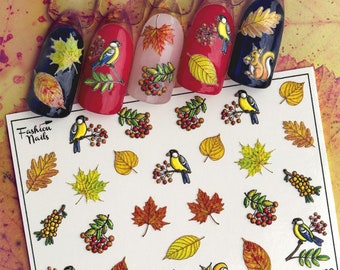 3D Fall Autumn Leaves, Birds, Rowan Berries, Squirrels - 3D Waterslide Water Transfer Nail Art Decals