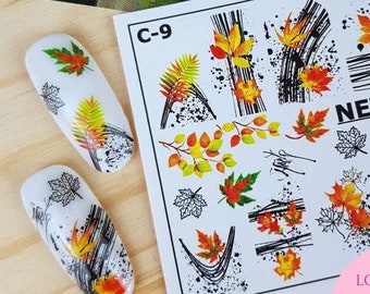 Fall Leaves with Black Paint Splashes Full Nail Fall Autumn - Water Transfer Nail Art Waterslide Stickers Decals