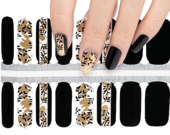 Nail Wraps Nail Art Nail Stickers Nail Polish Strips Party Bachelorette Favor Bridal Shower - Black and Gold Leaves Clear Negative Space