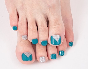 Aqua Green and Silver Glitter - Toe Nail Wraps, Nail Decals, Nail Strips, Nail Stickers Real Nail Polish