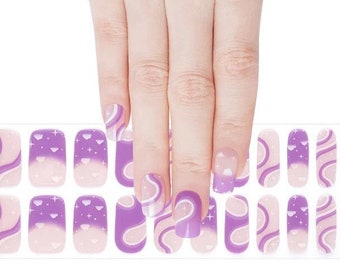 Semi-Cured Gel Nail Wraps Nail Decals Nail Stickers Nail Strips Nail Art Press Ons Party Favor Gift - Purple Nude Dreamy Clouds Waves