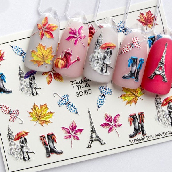 3D Fall Autumn Umbrella, Paris Eiffel Tower, Leaves, Big Ben, Rainboots, Kissing Couple- 3D Waterslide Water Transfer Nail Art Decals