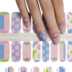 Nail Wraps Nail Art Nail Stickers Nail Polish Strips Party Favor Gift for Sister - Color Blocks Daisies Negative Space Clear Background