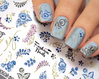 Navy Blue and Pink Flowers with Gold Metallic Spirals- Water Transfer Nail Art Waterslide Stickers Decals