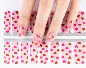 Nail Wraps Nail Decals Nail Stickers Nail Polish Strips Nail Art Press Ons - Pink Shade Semi-Transparent Pink Red Hearts Valentine's Day