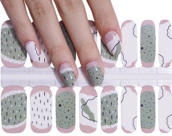 Nail Wraps Nail Art Nail Stickers Nail Polish Strips Girls Party Favor Aesthetic Minimalist - Green and White Abstract Art with Nude Beige