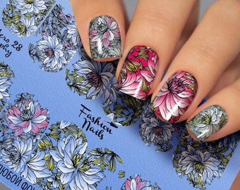 Flowers White and Pink with Leaves Full Nail - Waterslide Water Transfer Nail Art Decals