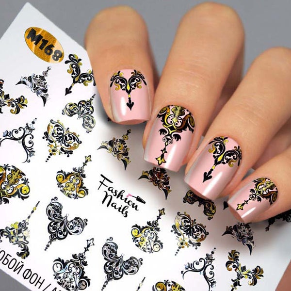Waterslide Water Transfer Nail Art Decals- Metallic Gold and Silver Black Damask Victorian Pattern