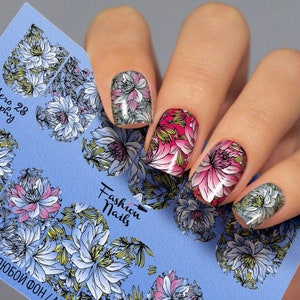 Flowers White and Pink with Leaves Full Nail - Waterslide Water Transfer Nail Art Decals