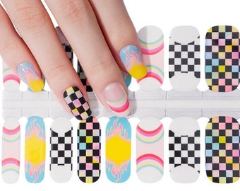 Nail Wraps Nail Stickers Nail Strips Nail Art Y2K Press On Nails Cosplay Party Favor - Color Flame Rainbow Checkered French Manicure Racing