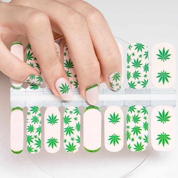 Nail Wraps Nail Decals Nail Stickers Nail Strips Nail Art Press Ons Party Favor Gift for Her - Cannabis Weed Leaves Art Green and Beige