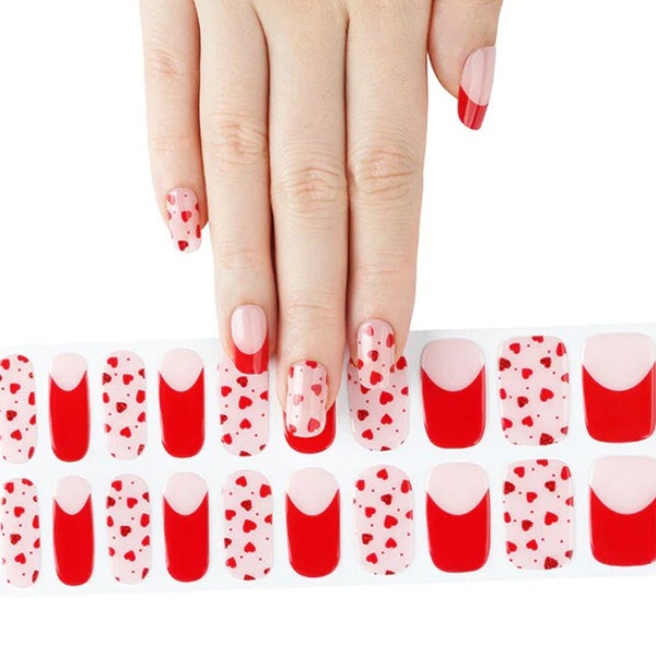 Semi-Cured Gel Nail Wraps Nail Decals Art Nail Stickers Nail Strips Press Ons Party Favor Valentine's Day Gift - Red French Manicure Hearts