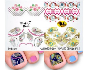 Waterslide Water Transfer Nail Art Decals- Metallic Gold and Silver Feathers with Chains Pink Roses and Abstract Art Toe Nail Pedicure