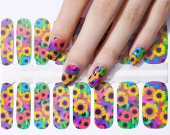 Nail Wraps Nail Decals Nail Polish Stickers Nail Art Press Ons Party Favor - Rainbow Colorful Sunflowers Yellow, Purple, Green, Pink, Blue