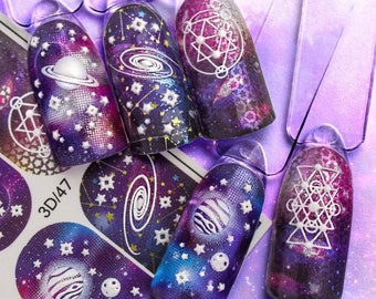 3D Waterslide Nail Decals Water Transfer Nail Art Sliders Nail Stickers Party Favor Gift for Her- Embossed Galaxy Space Planets Zodiac Stars