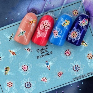 3D White Bees, Bugs, Insects, Flowers with Yellow, Blue, Pink Crystals-  3D Waterslide Water Transfer Nail Art Decals with Crystals
