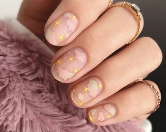 Nail Wraps Nail Decals Nail Stickers Nail Strips Nail Art Baby Shower Favor - Pink Clouds Gold Stars Clear Background Overlay Negative Space