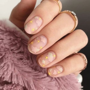 Nail Wraps Nail Decals Nail Stickers Nail Strips Nail Art Baby Shower Favor - Pink Clouds Gold Stars Clear Background Overlay Negative Space