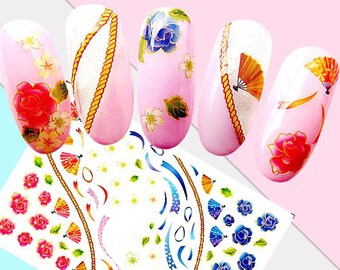 Nail Art Decals Stickers Transfers Ultra Thin- Rainbow Colorful Orange Blue Navy Pink Yellow Flowers Hand Fans Ropes