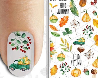 Fall Leaves, Truck with Pumpkins, Acorns, Mushrooms - Waterslide Water Transfer Nail Art Decals, Nail Tattoo