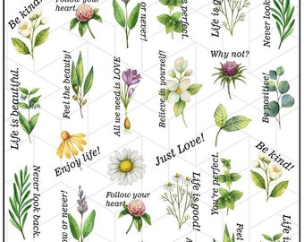 Summer Field Flowers and Leaves with Encouraging Words- Water Transfer Decals, Nail Tattoo, Nail Stickers