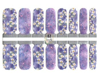 Nail Wraps Nail Decals Art Nail Stickers Nail Strips Party Favor Bridal Shower Gift for Grandma Niece- Purple Spring Daisies Lavender Sequin