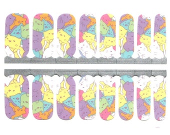 Nail Wraps Nail Decals Nail Stickers Nail Strips Nail Art Gift for Niece Gift for Cat Lover - Pastel Purple Yellow Green Cats