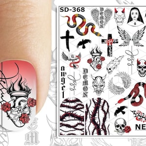 Waterslide Decals Water Transfer Halloween Nail Art Sliders Nail Tattoo - Black Demon Angel Snake Heart Roses Skull Nun