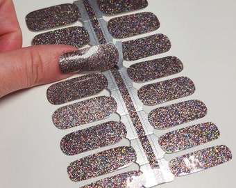 Nail Wraps Nail Decals Nail Stickers Nail Art Press Ons Party Bachelorette Favor Gift Stocking Stuffer for Mom- Silver Rainbow Glitter Solid